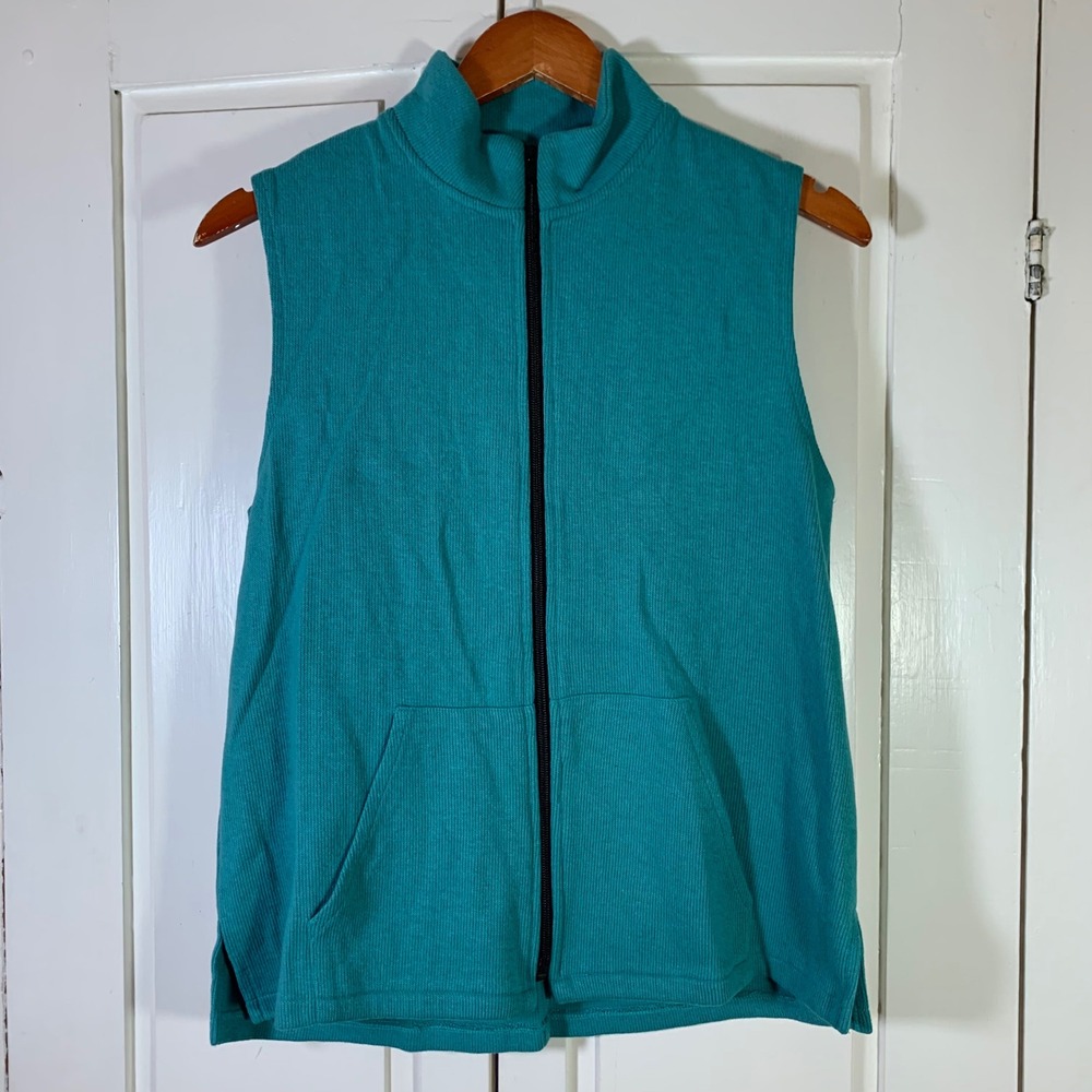 F.H. Clothing Co Womens Teal‎ Ribbed Full Zip Mock Neck Vest S USA Lagenlook